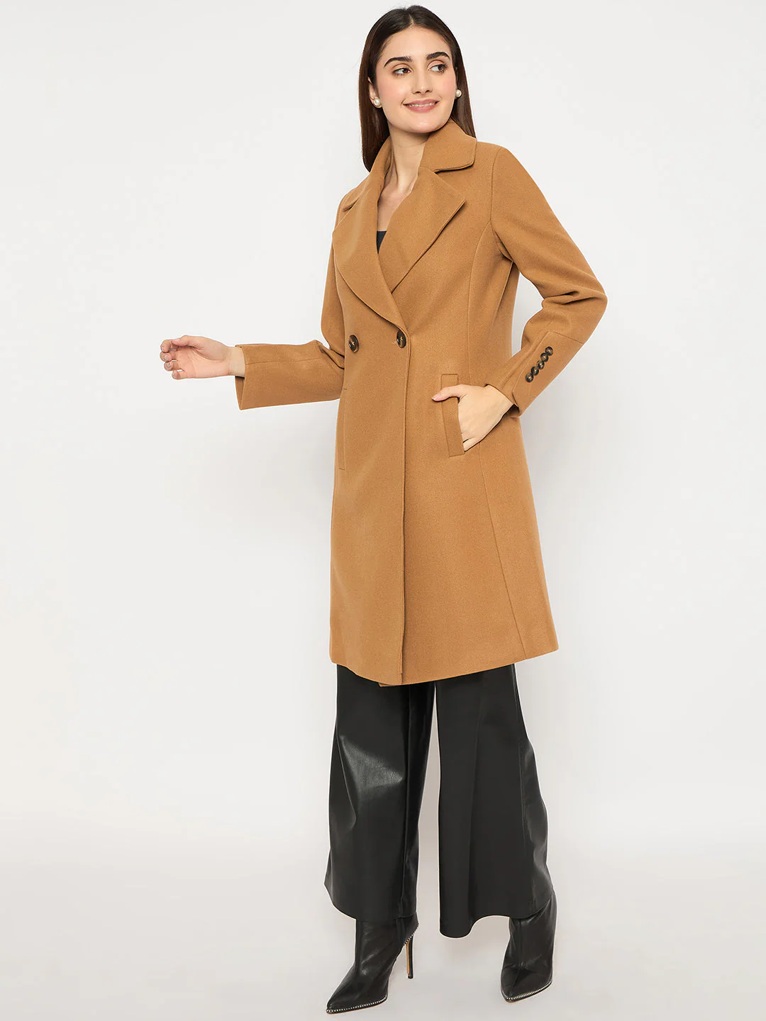 Madame Front Welt Pocketed Double Breasted Khaki Long Coat - Image 5