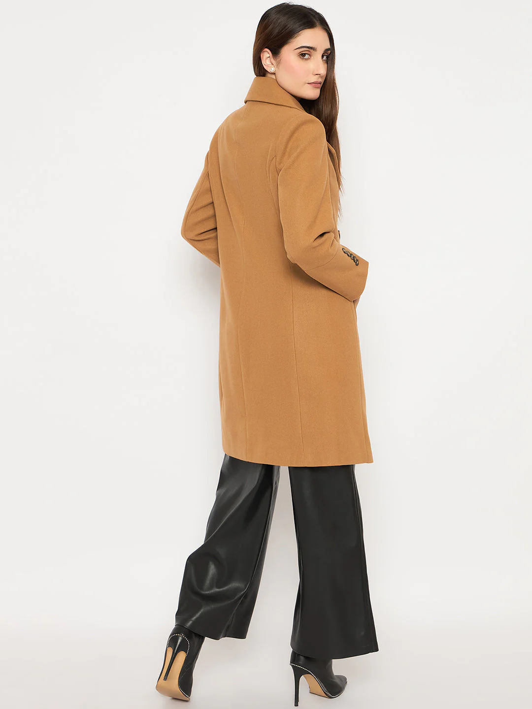 Madame Front Welt Pocketed Double Breasted Khaki Long Coat - Image 6