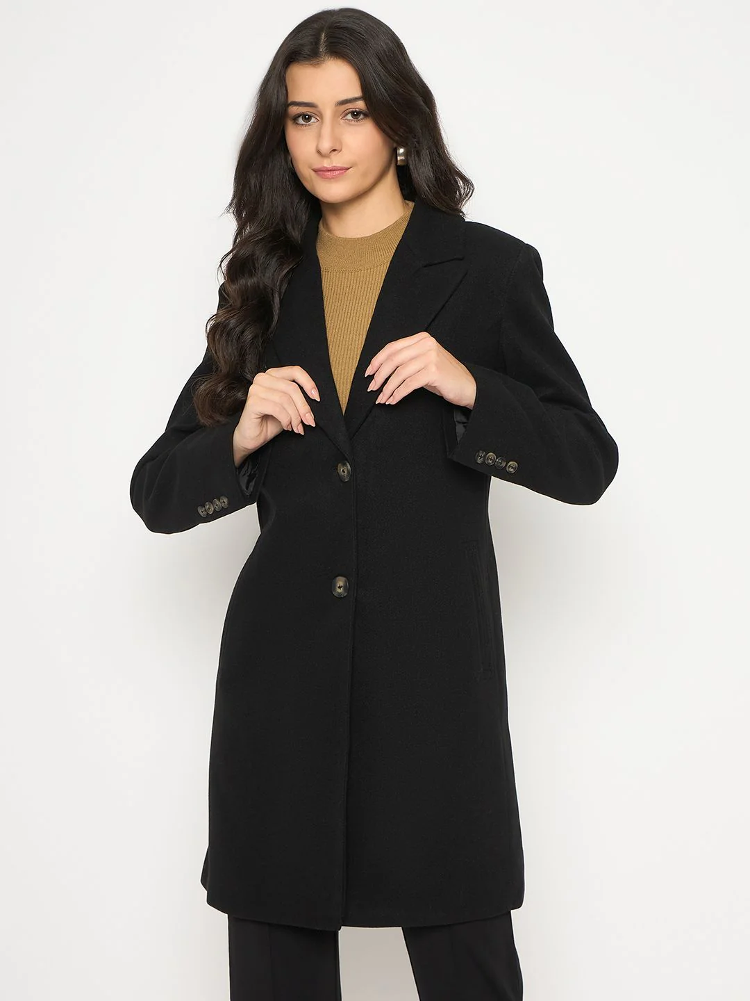 Madame Mélange Lapel Notched Front Pocketed Black Long Coat - Image 3