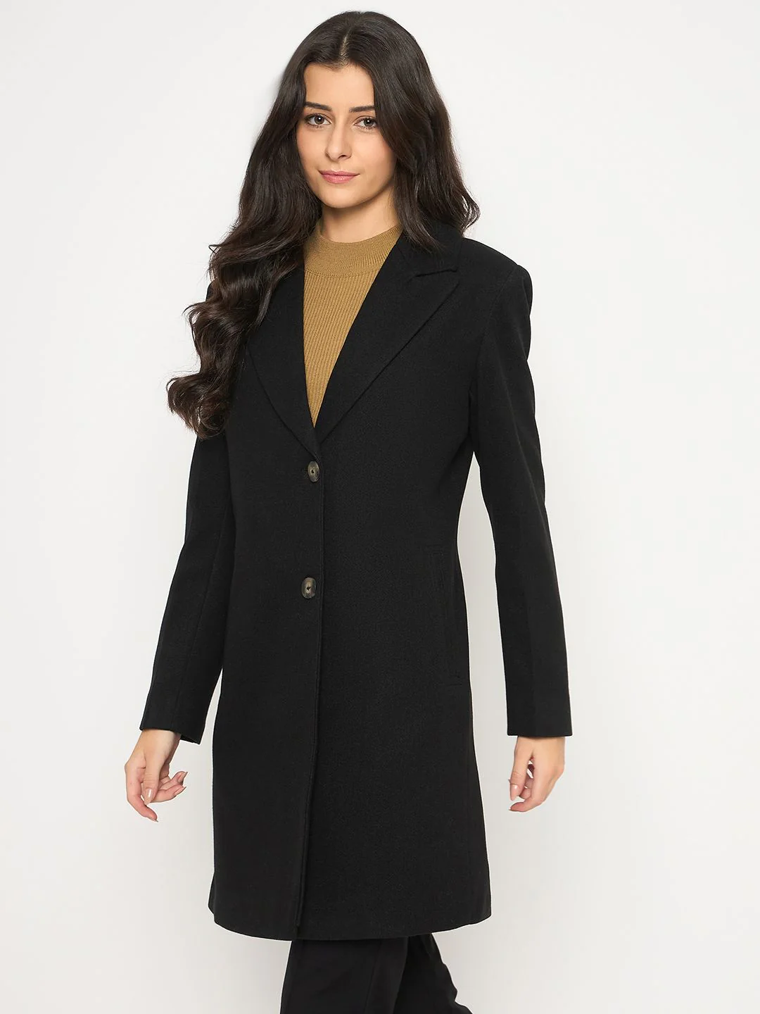Madame Mélange Lapel Notched Front Pocketed Black Long Coat - Image 5
