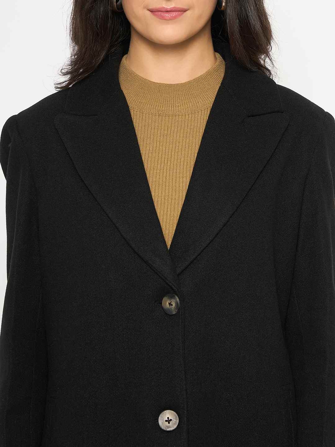 Madame Mélange Lapel Notched Front Pocketed Black Long Coat - Image 7