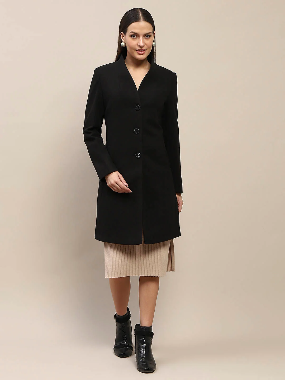 Madame Melange Side Inseam Pocketed Black Long Coat - Image 2