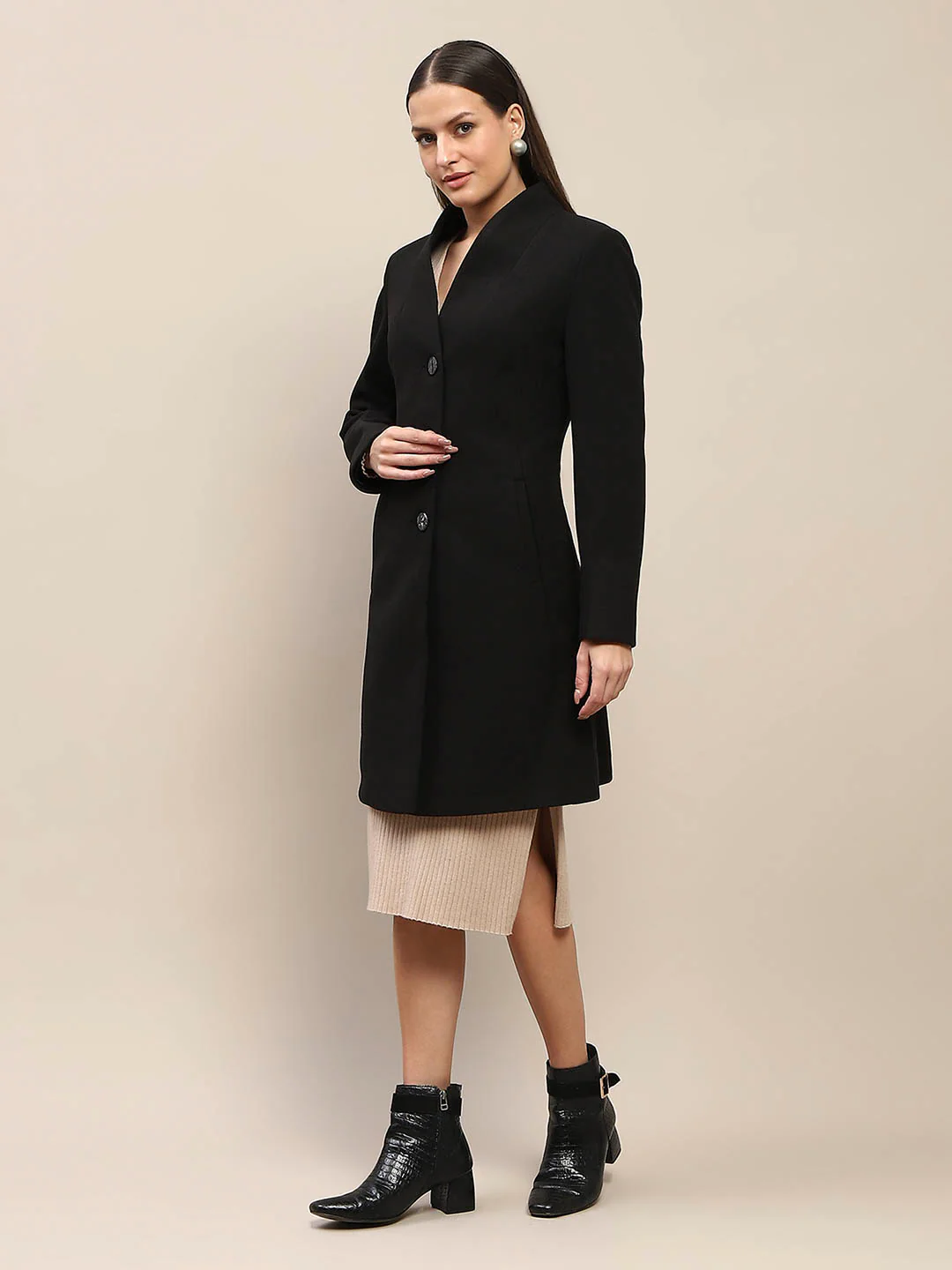 Madame Melange Side Inseam Pocketed Black Long Coat - Image 3