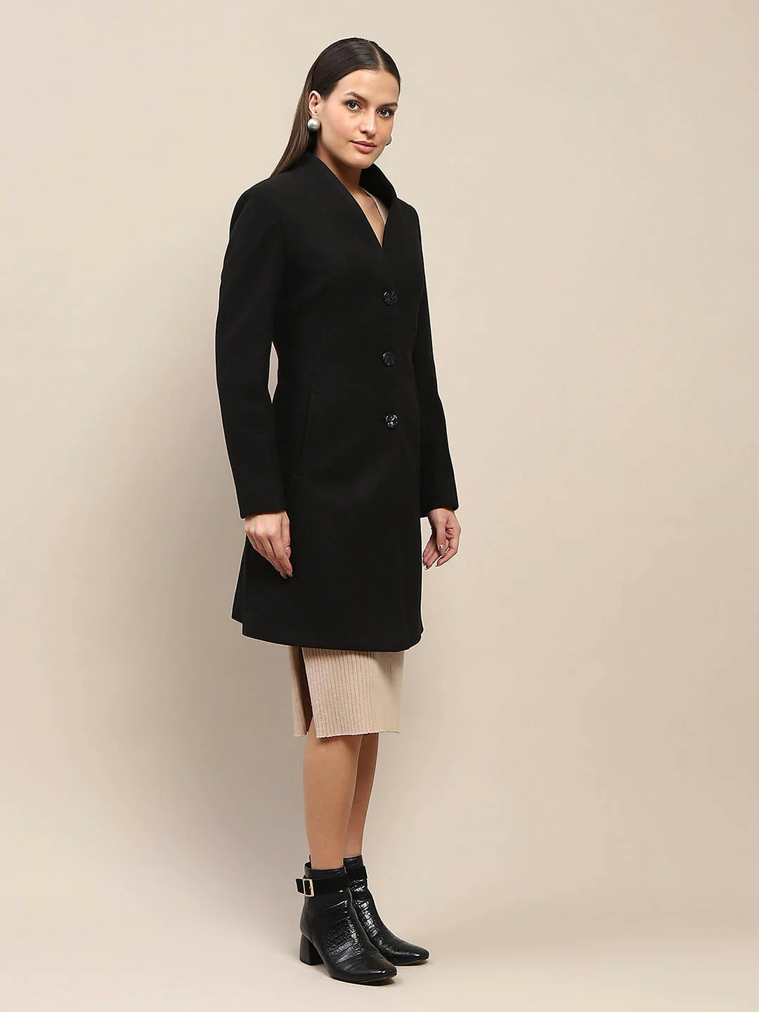 Madame Melange Side Inseam Pocketed Black Long Coat - Image 4