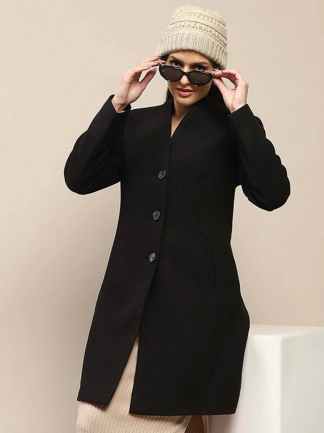 Madame Melange Side Inseam Pocketed Black Long Coat - Image 7