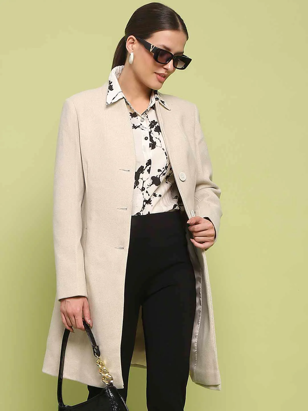 Madame Melange Side Inseam Pocketed Off White Long Coat - Image 2