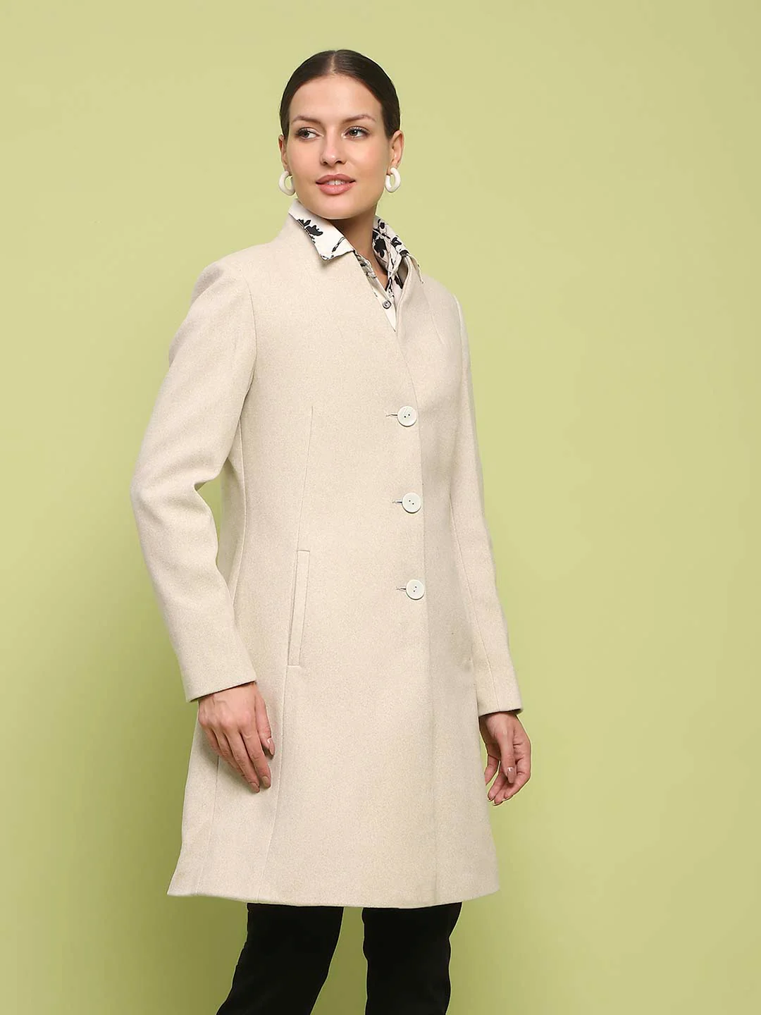 Madame Melange Side Inseam Pocketed Off White Long Coat - Image 4