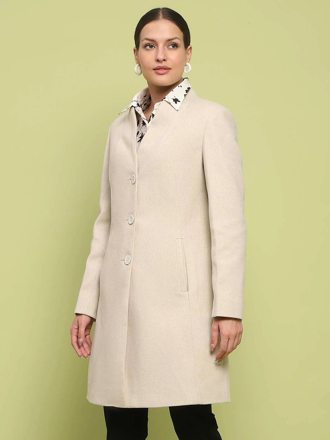 Madame Melange Side Inseam Pocketed Off White Long Coat - Image 5