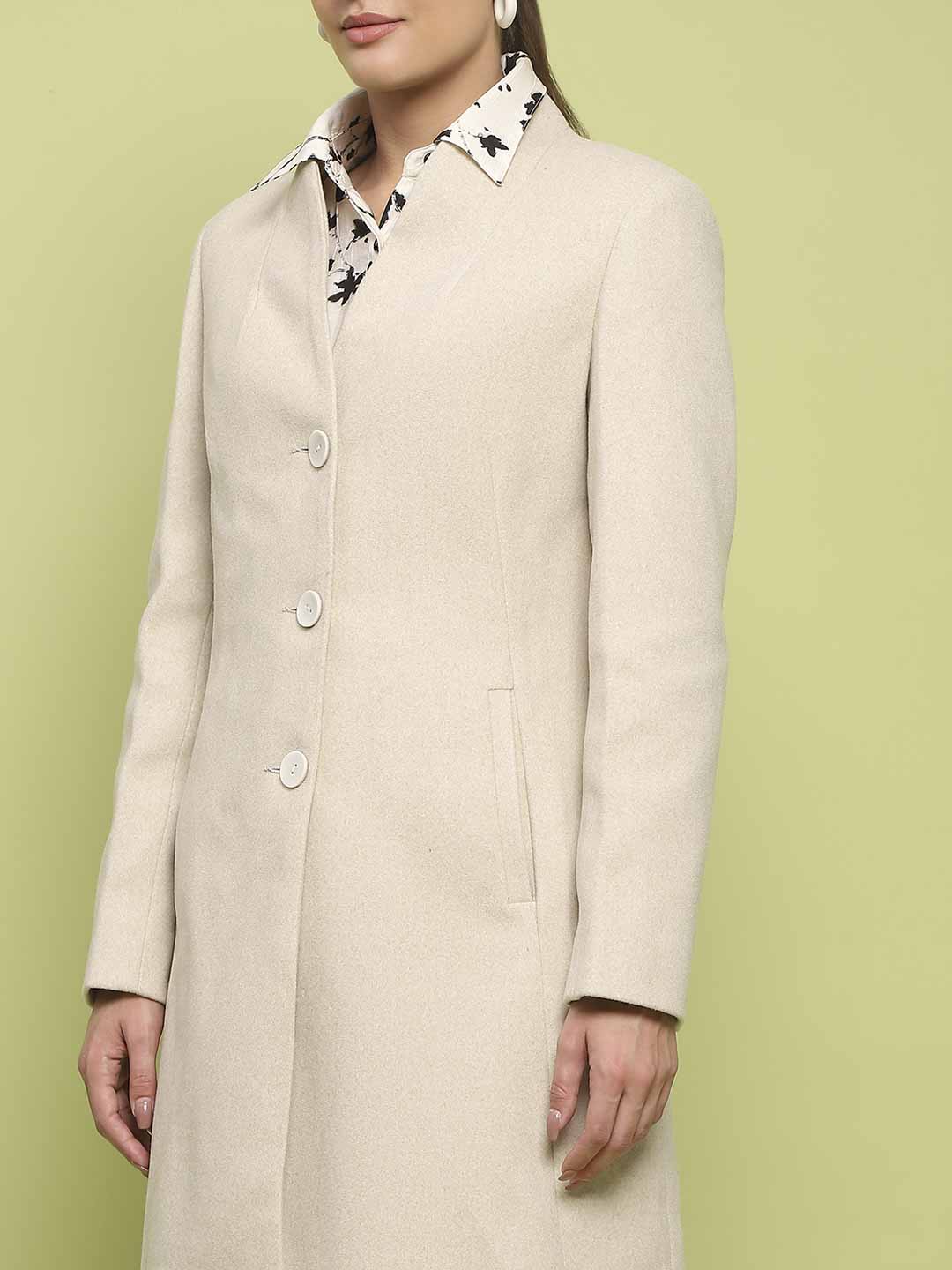 Madame Melange Side Inseam Pocketed Off White Long Coat - Image 7