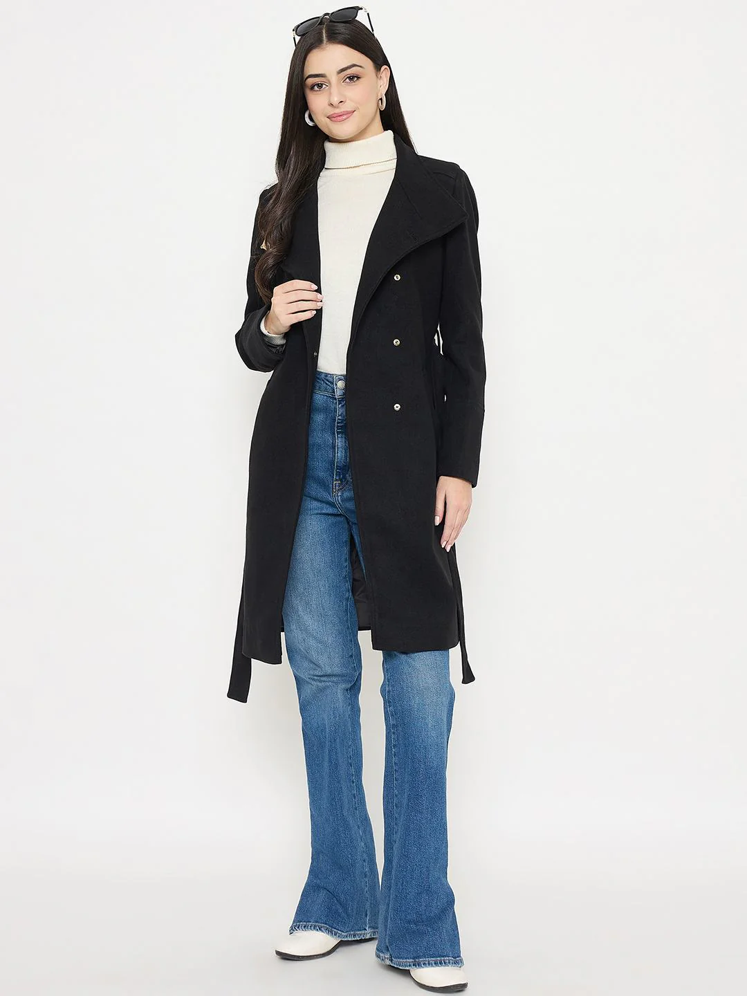 Madame Solid Black Long Coat - Image 2