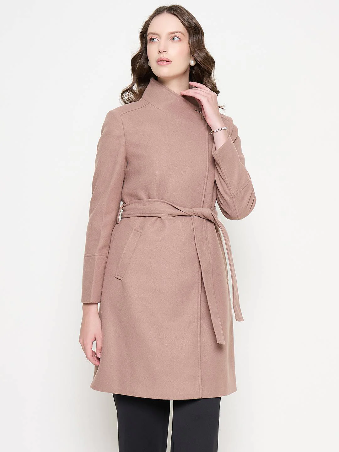 Madame Front Pocketed Textured Blush Long Wrap Coat - Image 2