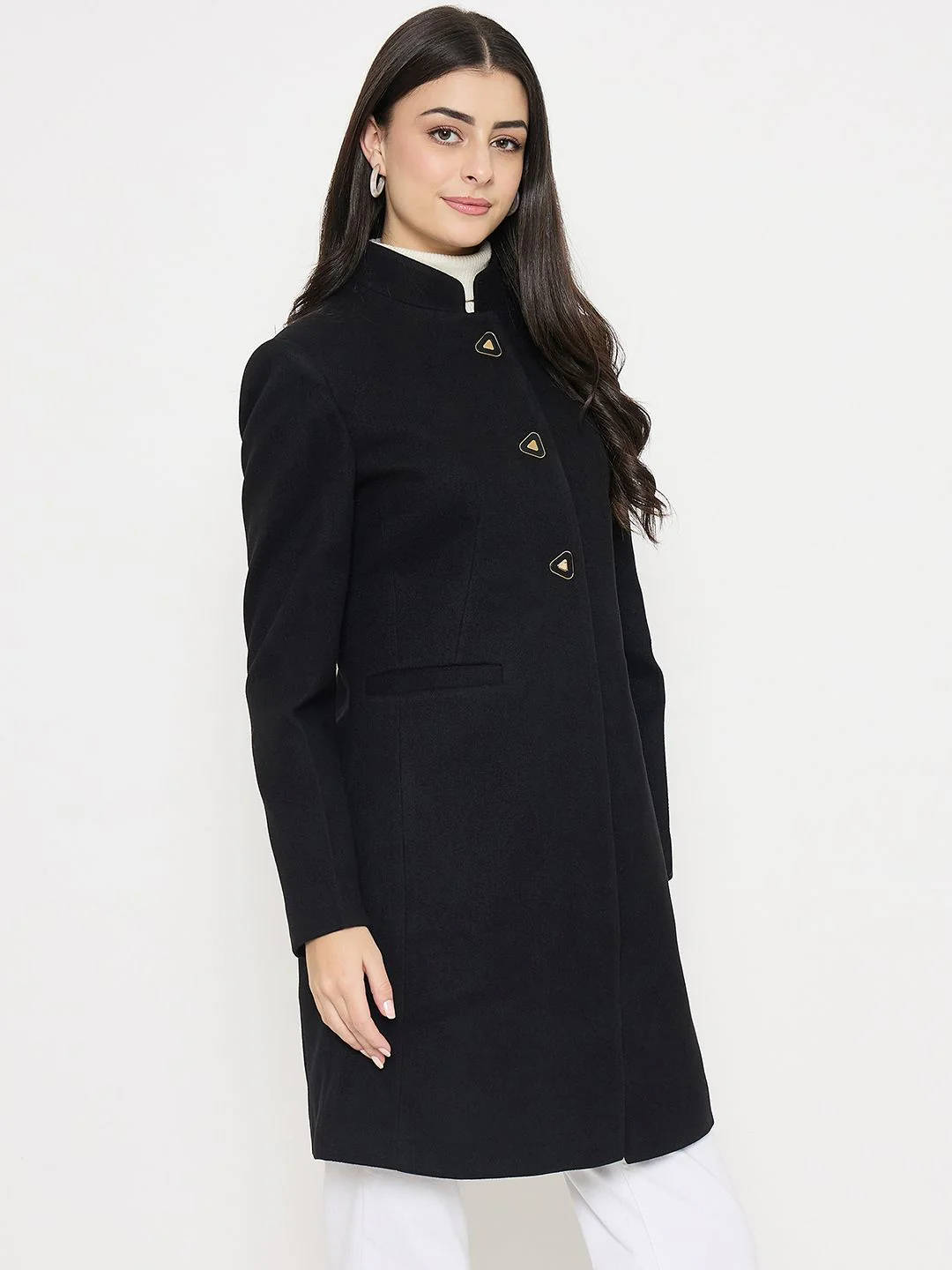 Madame Button Up Solid Black Long Coat - Image 4
