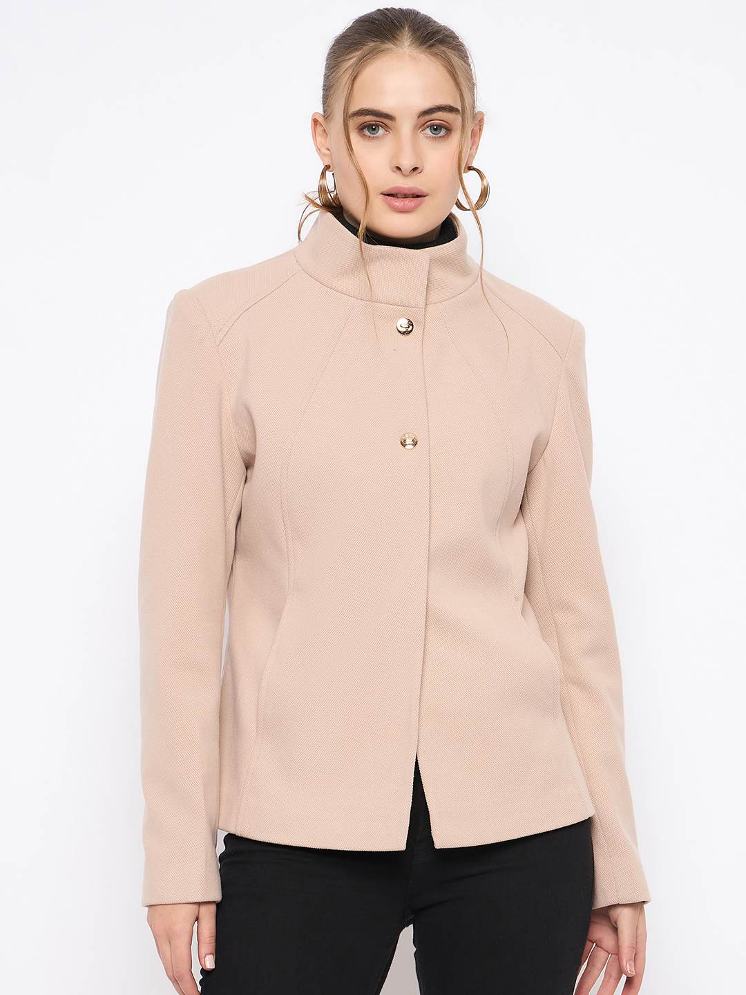 Madame Textured High Neck Beige Short Coat - Image 3