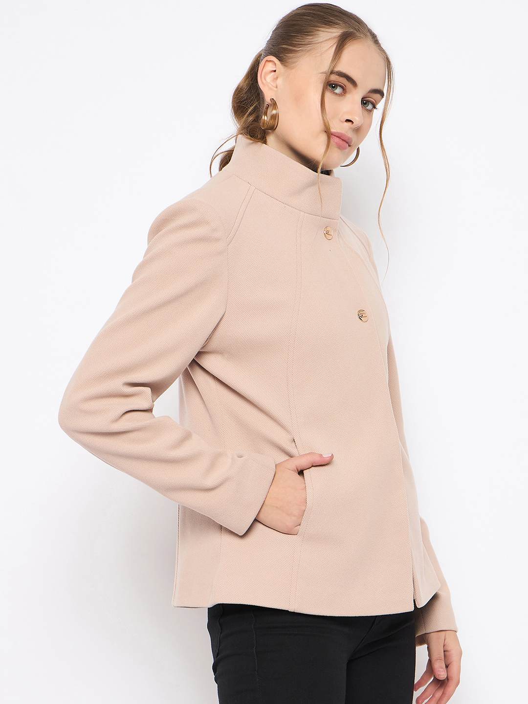 Madame Textured High Neck Beige Short Coat - Image 4