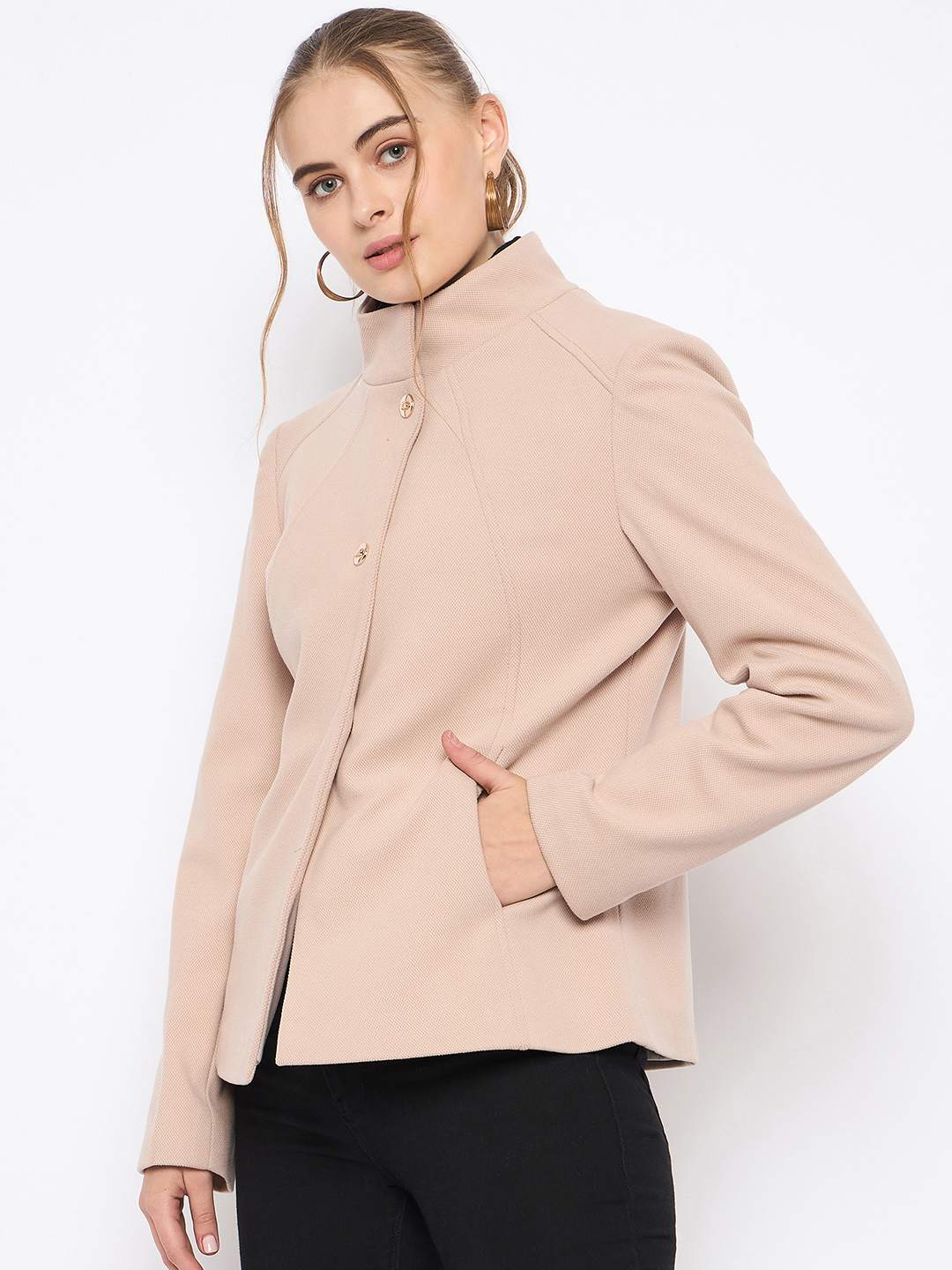 Madame Textured High Neck Beige Short Coat - Image 5