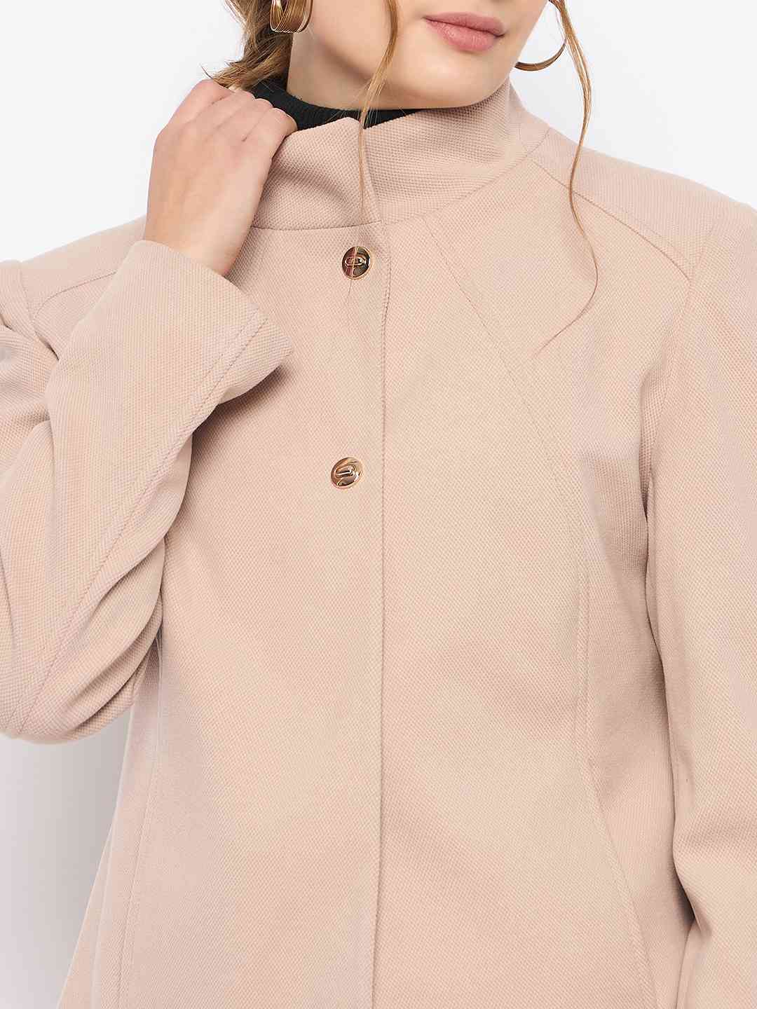 Madame Textured High Neck Beige Short Coat - Image 7