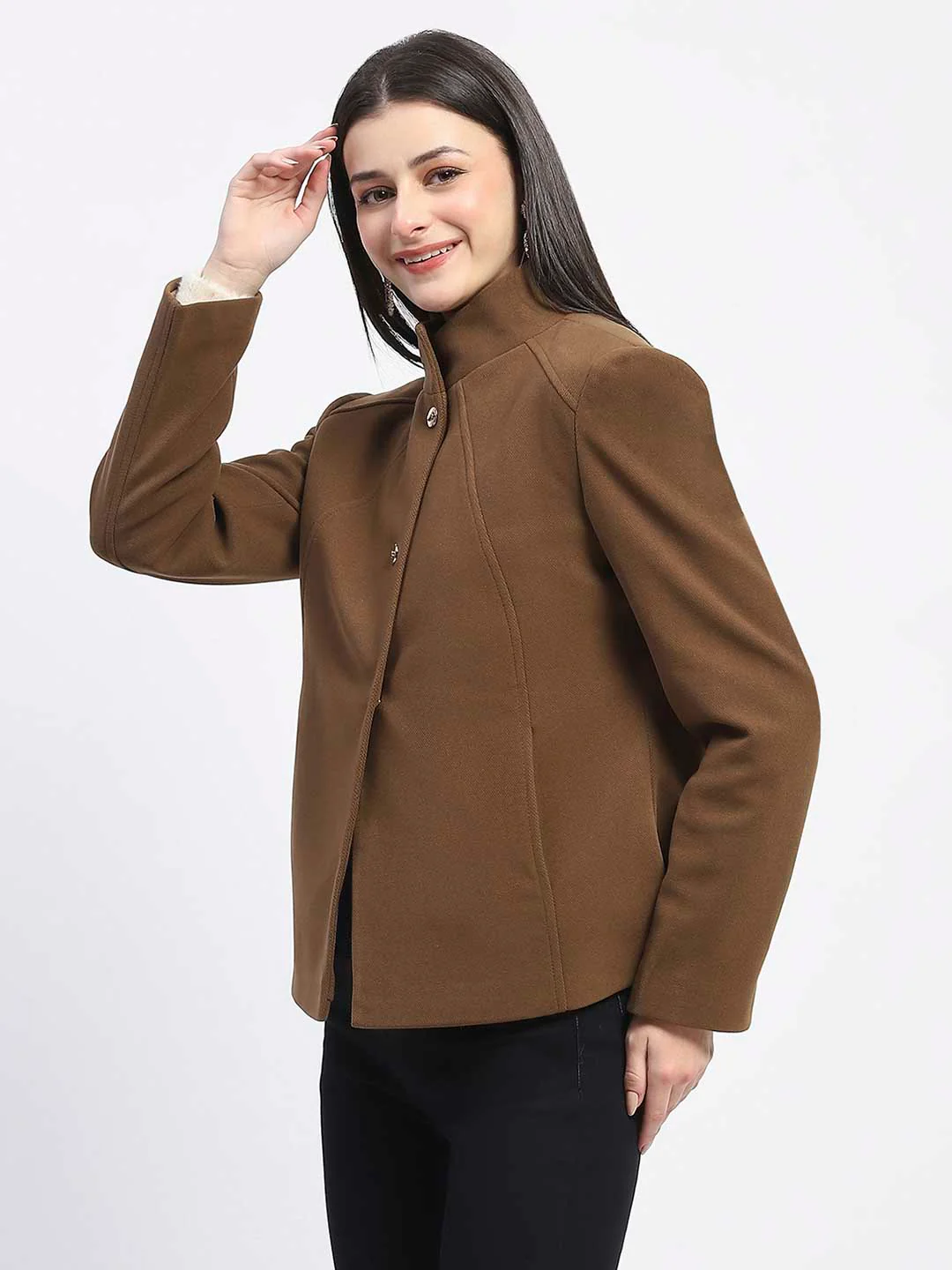 Madame Textured High Neck Coffee Brown Short Coat - Image 5