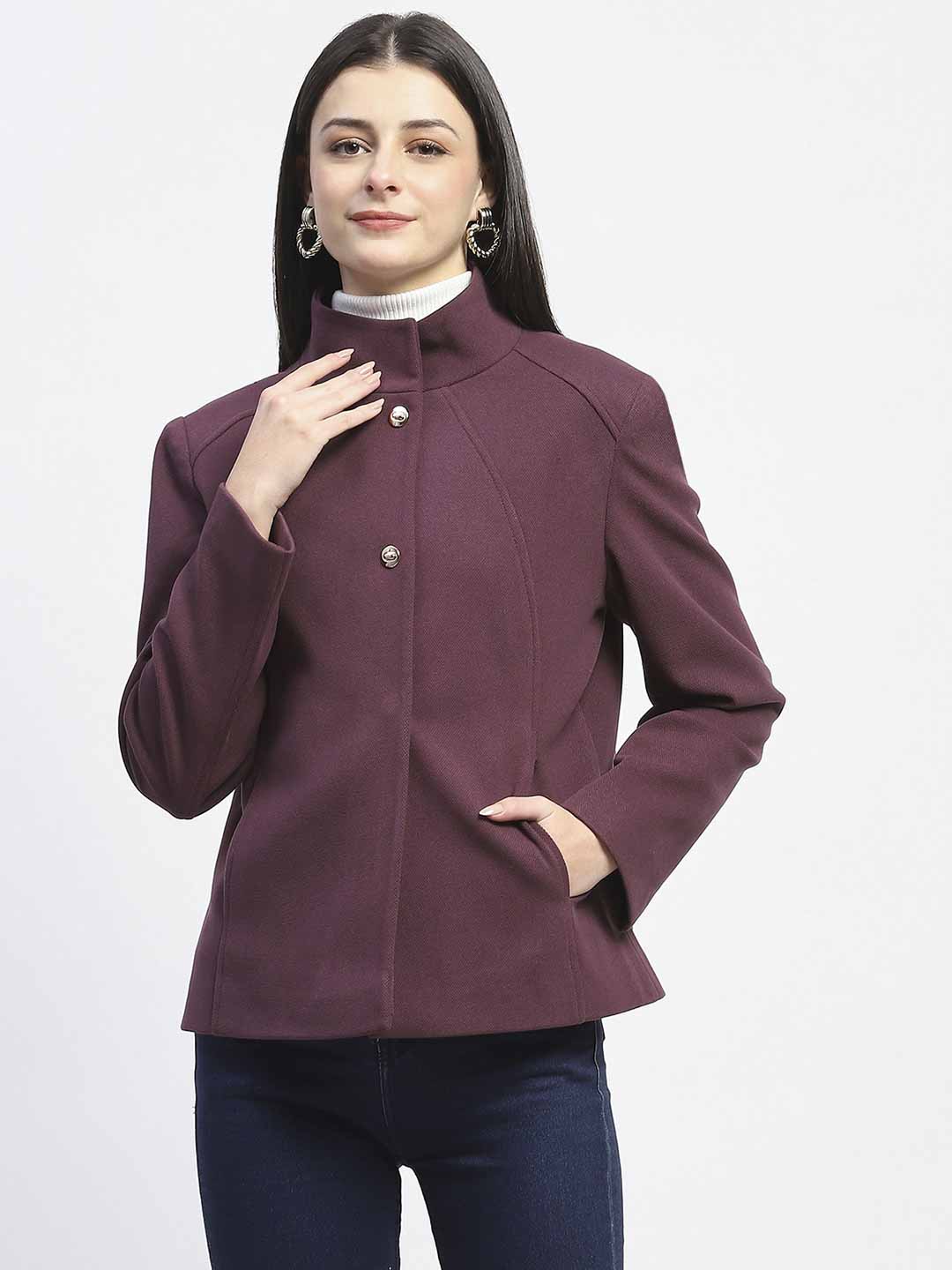 Madame Textured High Neck Mauve Short Coat - Image 3