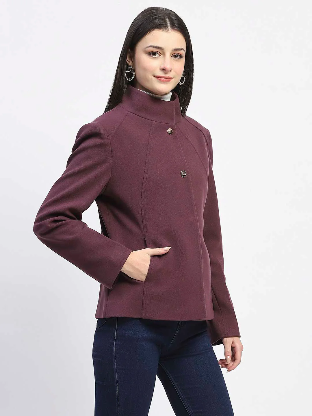 Madame Textured High Neck Mauve Short Coat - Image 4