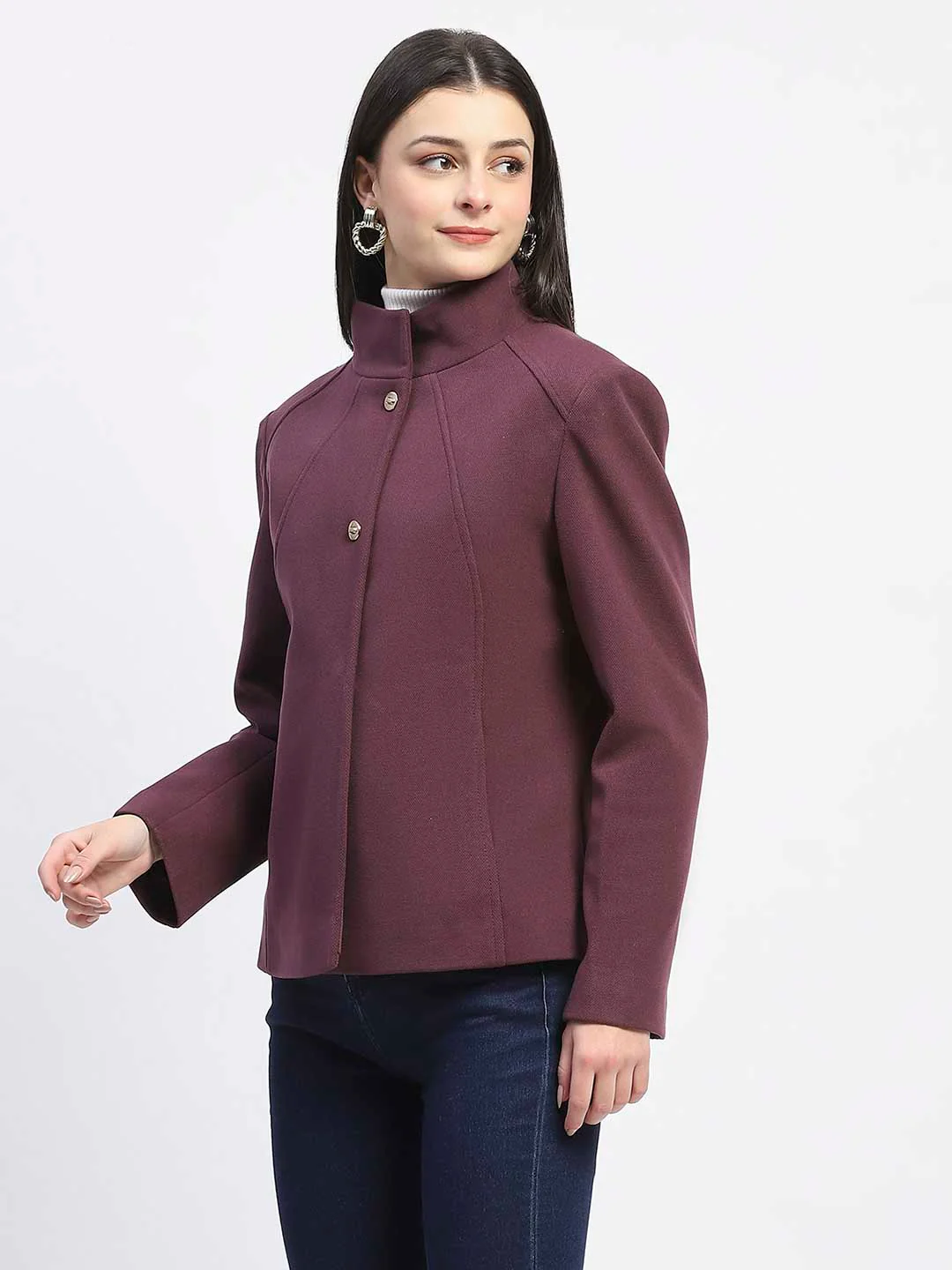 Madame Textured High Neck Mauve Short Coat - Image 5