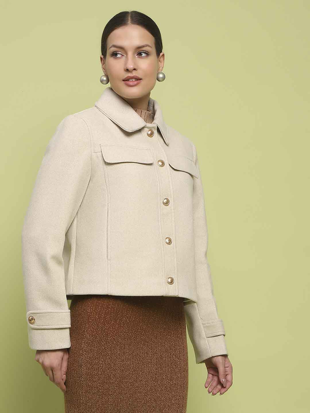 Madame Button Down Collared Off White Short Coat - Image 4