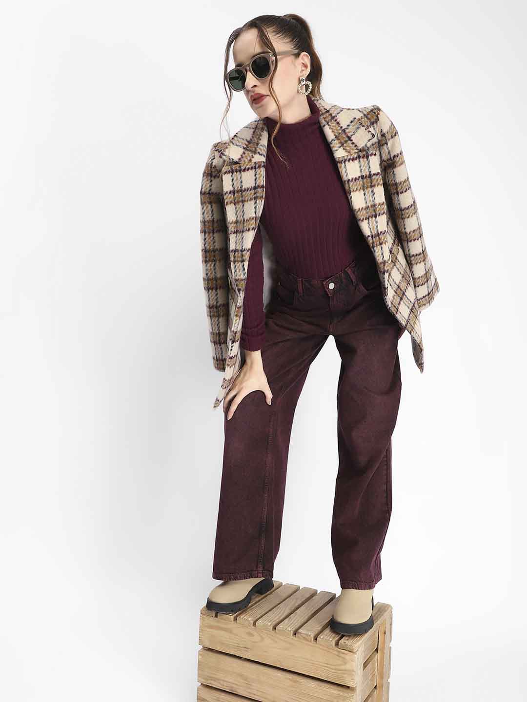 Madame Plaid Lapel Collared Welt Pocketed Beige Coat - Image 2