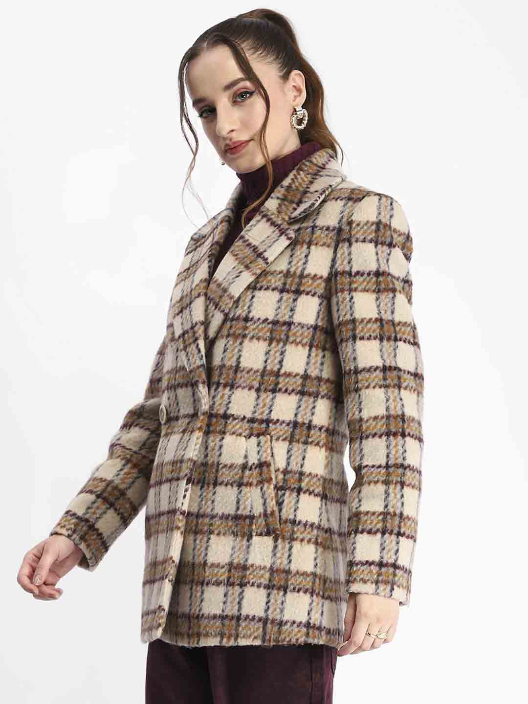 Madame Plaid Lapel Collared Welt Pocketed Beige Coat - Image 5