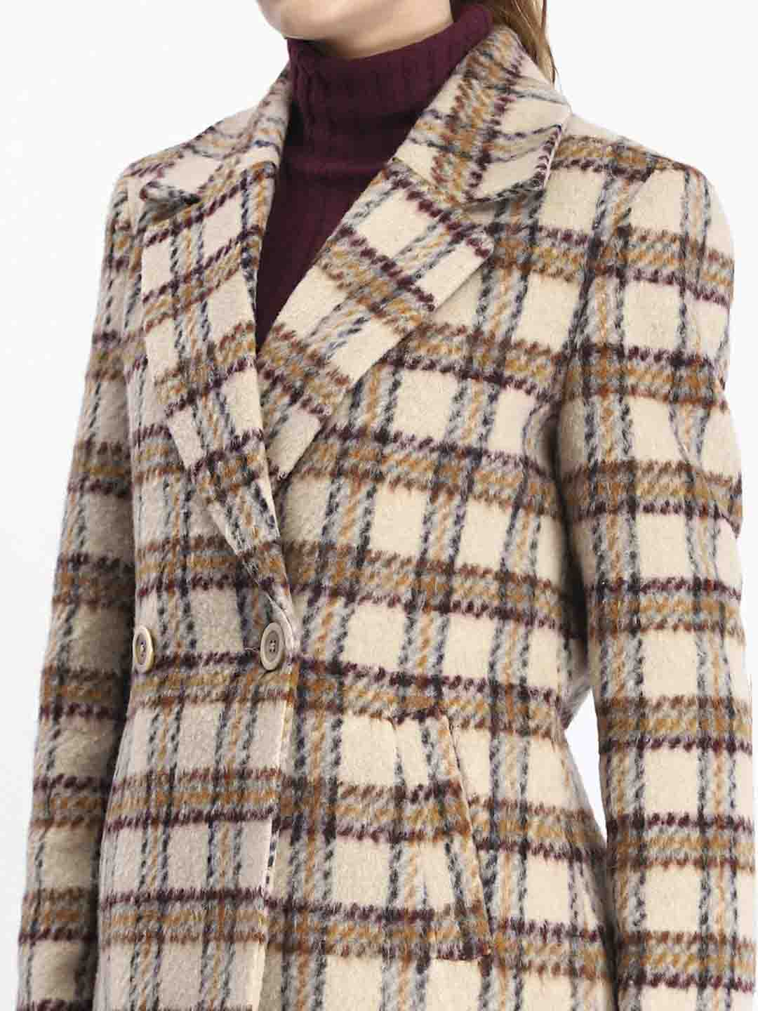 Madame Plaid Lapel Collared Welt Pocketed Beige Coat - Image 7