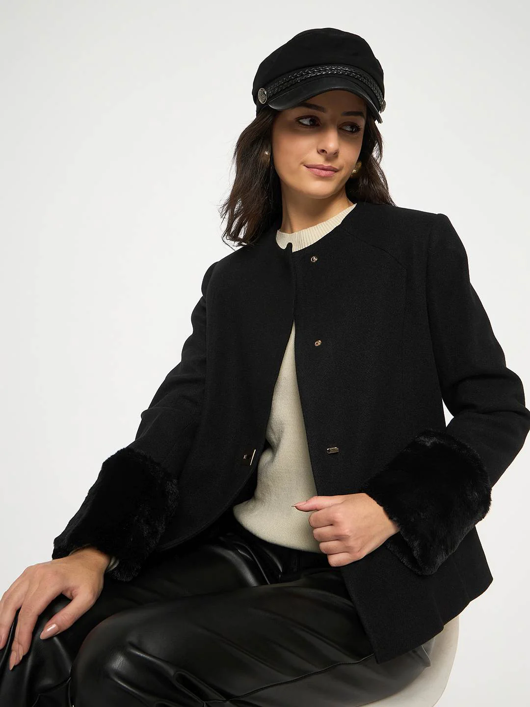 Madame Front Pocketed Round Neck Black Short Coat