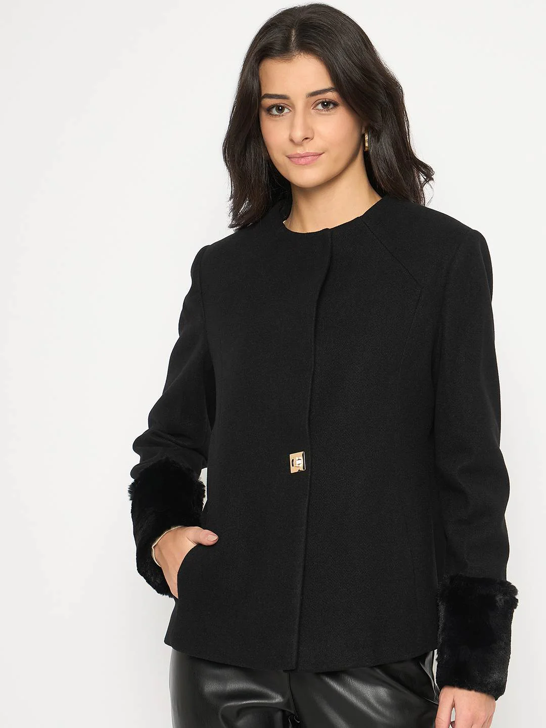 Madame Front Pocketed Round Neck Black Short Coat - Image 3