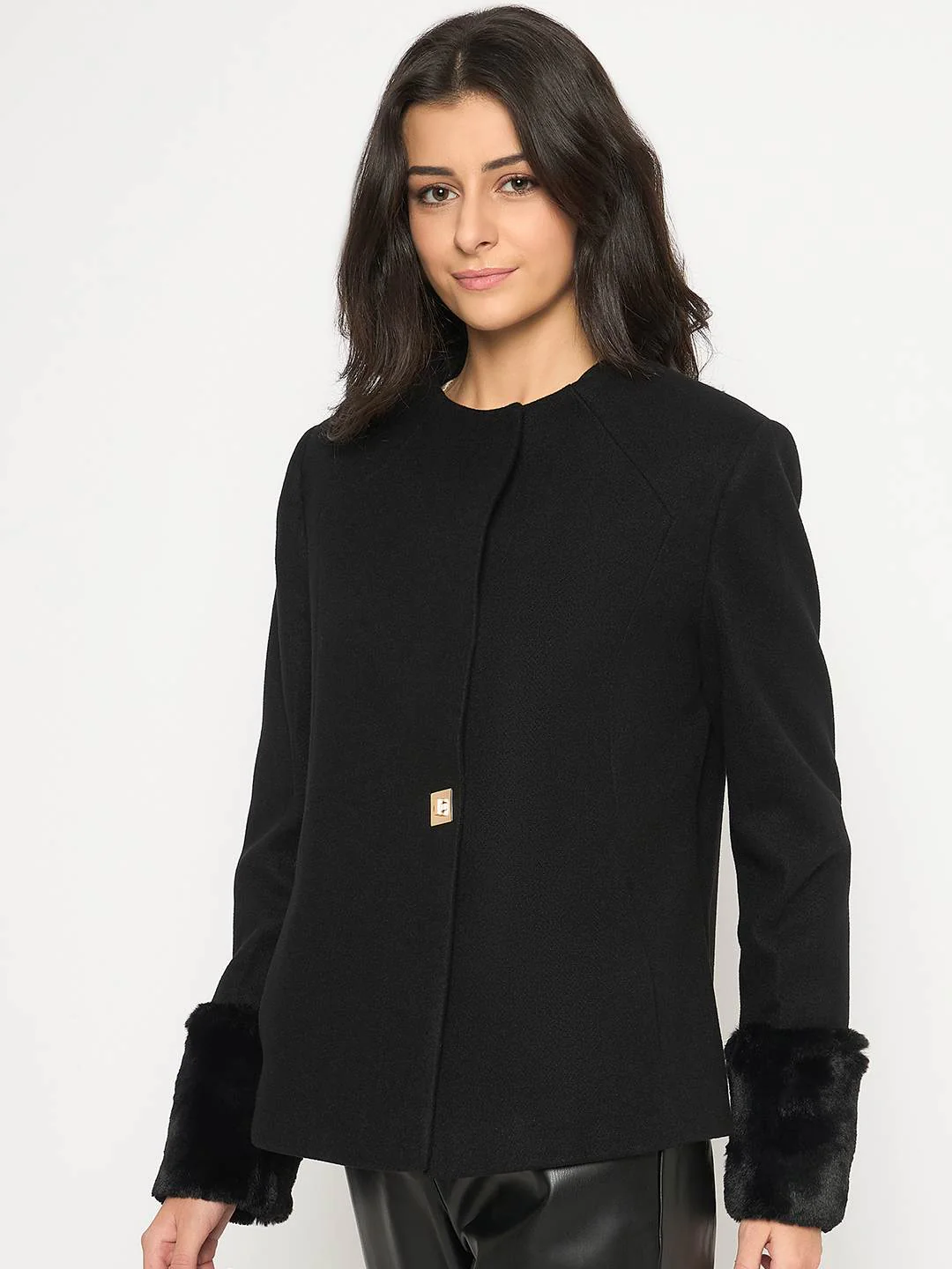 Madame Front Pocketed Round Neck Black Short Coat - Image 5
