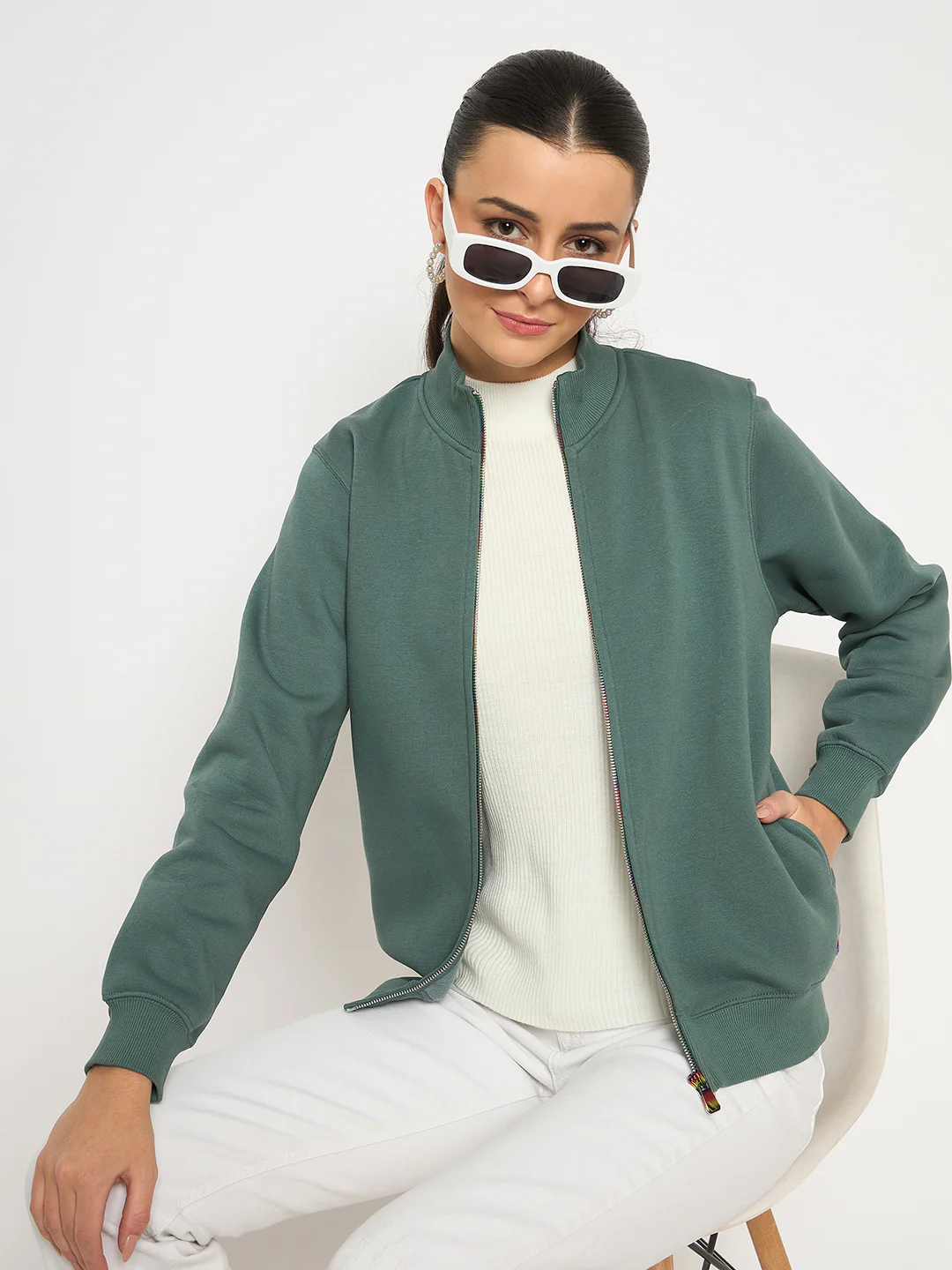 Madame Fleece T Neck Front Zip Blue Sweatshirt - Image 7