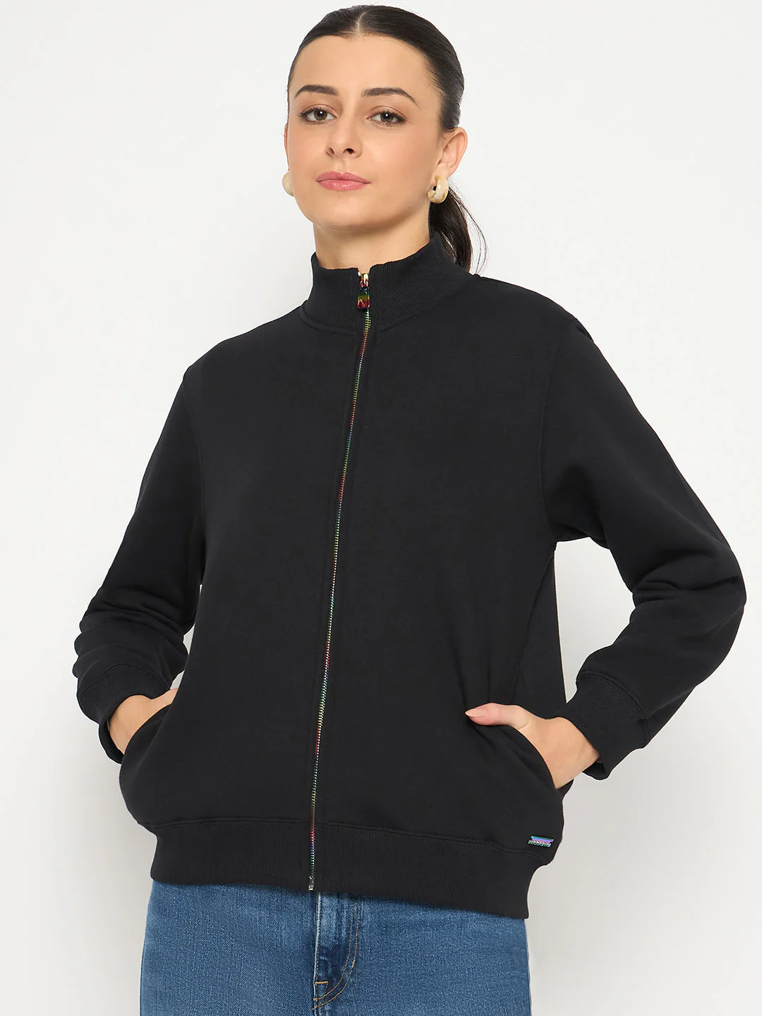 Madame Fleece T Neck Front Zip Black Sweatshirt - Image 3