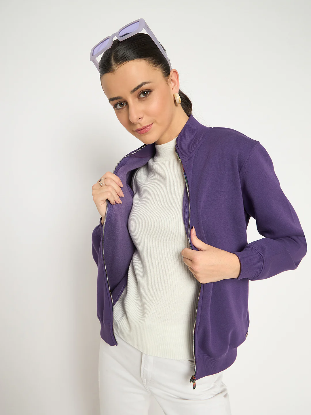 Madame Fleece T Neck Front Zip Purple Sweatshirt - Image 7