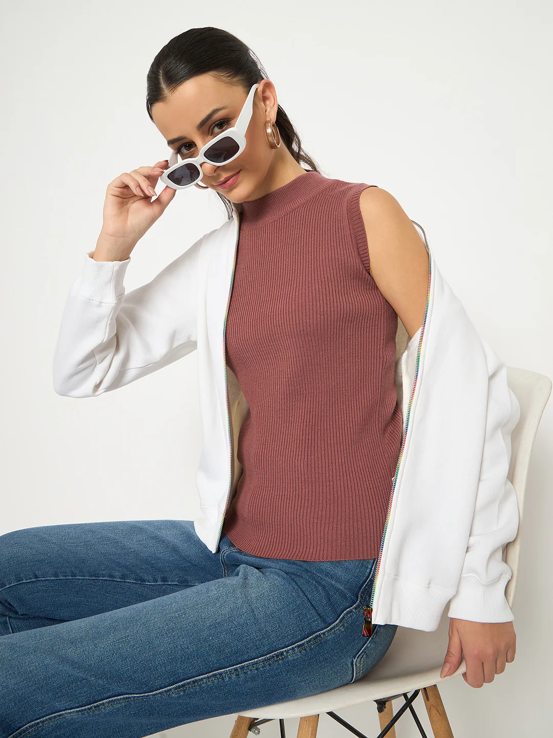 Madame Fleece T Neck Front Zip White Sweatshirt - Image 2