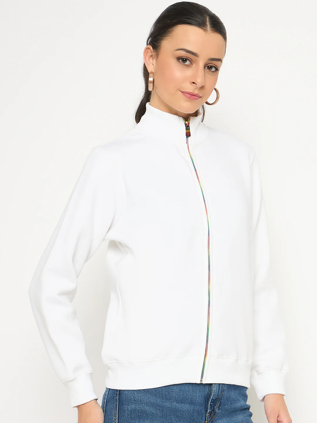 Madame Fleece T Neck Front Zip White Sweatshirt - Image 4