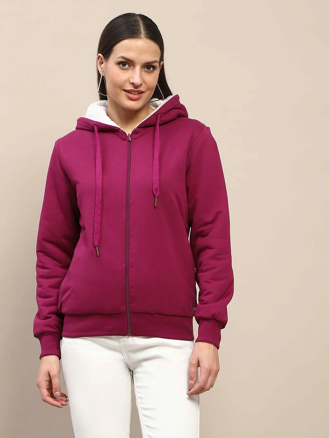 Madame Fur Hood Metal Detailed Plum Zipped Sweatshirt - Image 3