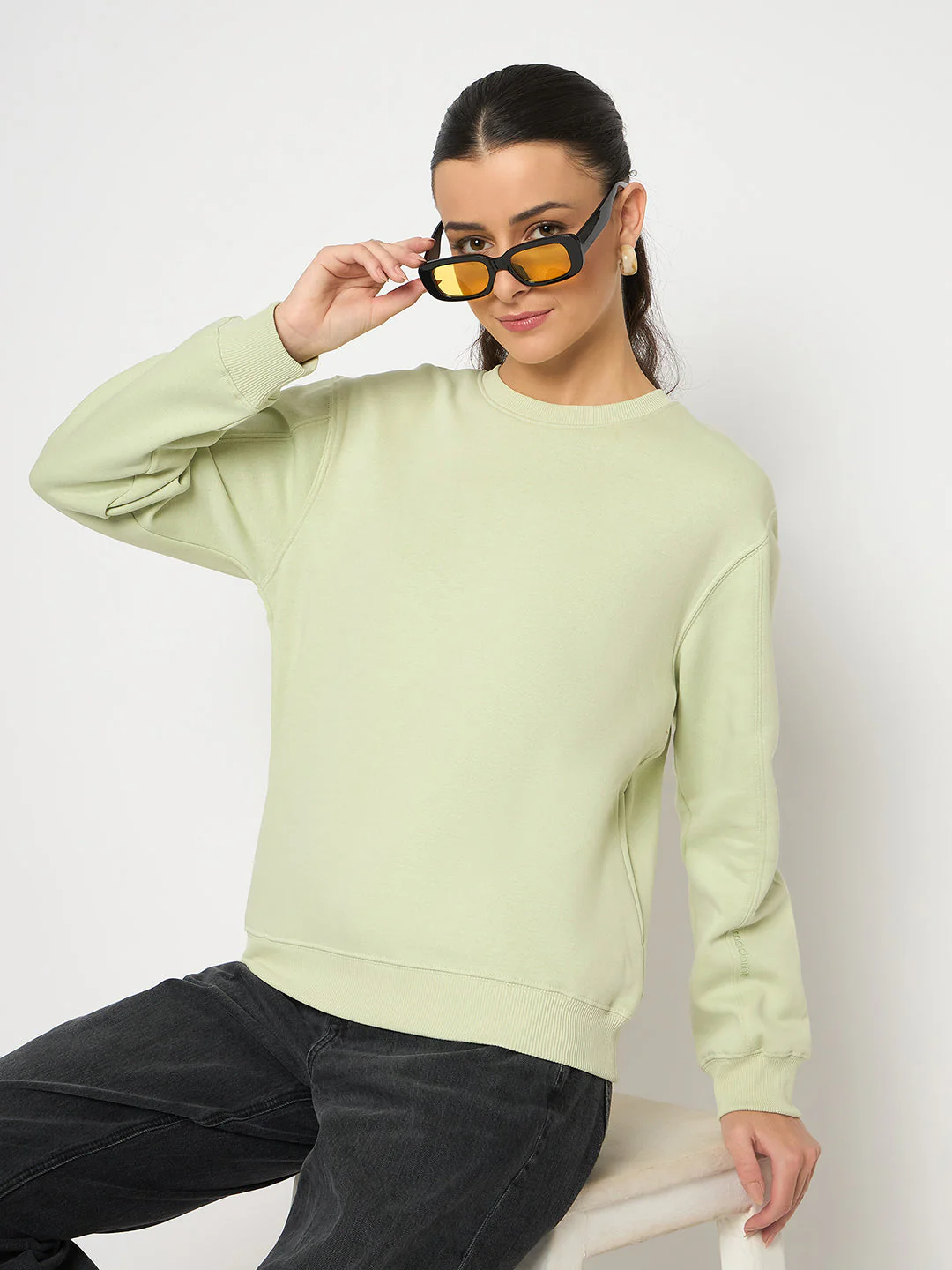 Madame Cotton Blend Solid Apple Green Sweatshirt - Image 2