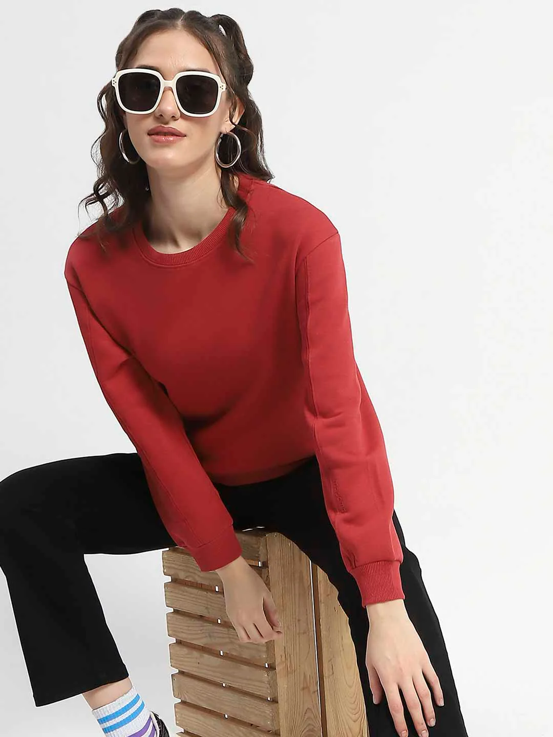 Madame Solid Brick Crew Neck Cotton Sweatshirt - Image 2