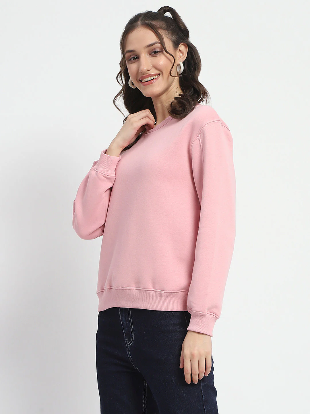 Madame Solid Light Pink Crew Neck Cotton Sweatshirt - Image 5