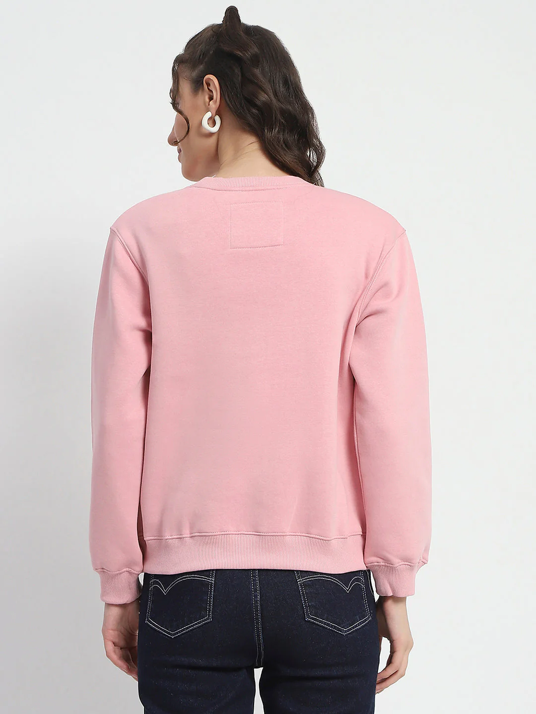 Madame Solid Light Pink Crew Neck Cotton Sweatshirt - Image 6