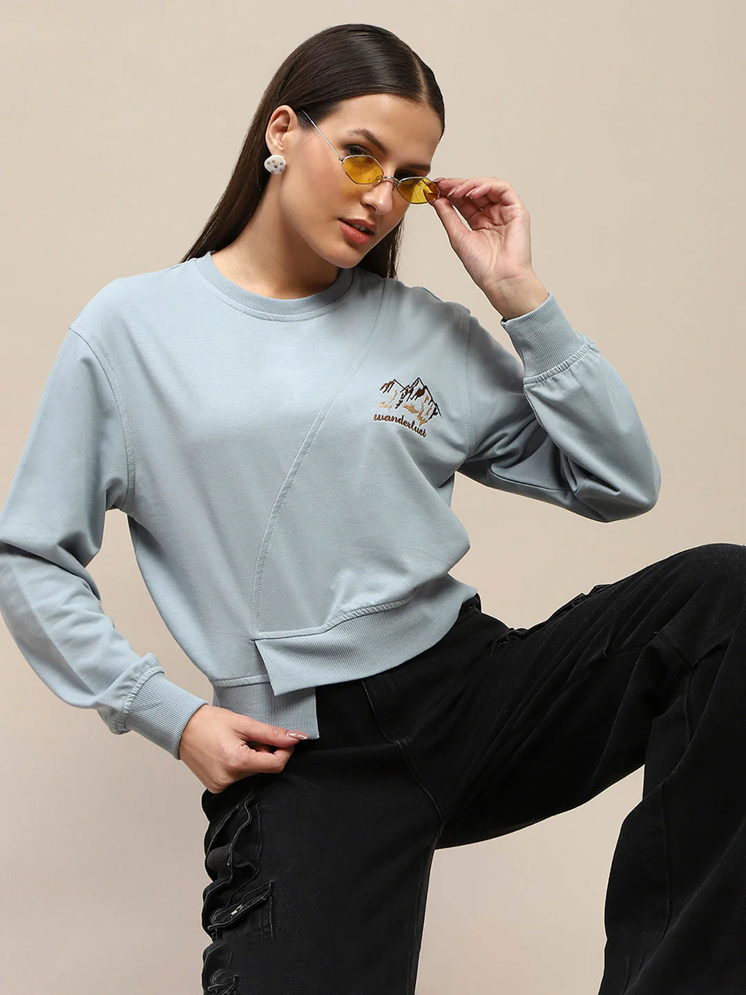 Madame Cotton Embroidery Detailed Light Sky Crop Sweatshirt - Image 2