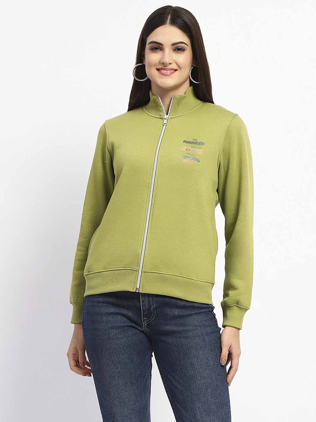 Madame Typography Print Zipped Olive Green Sweatshirt