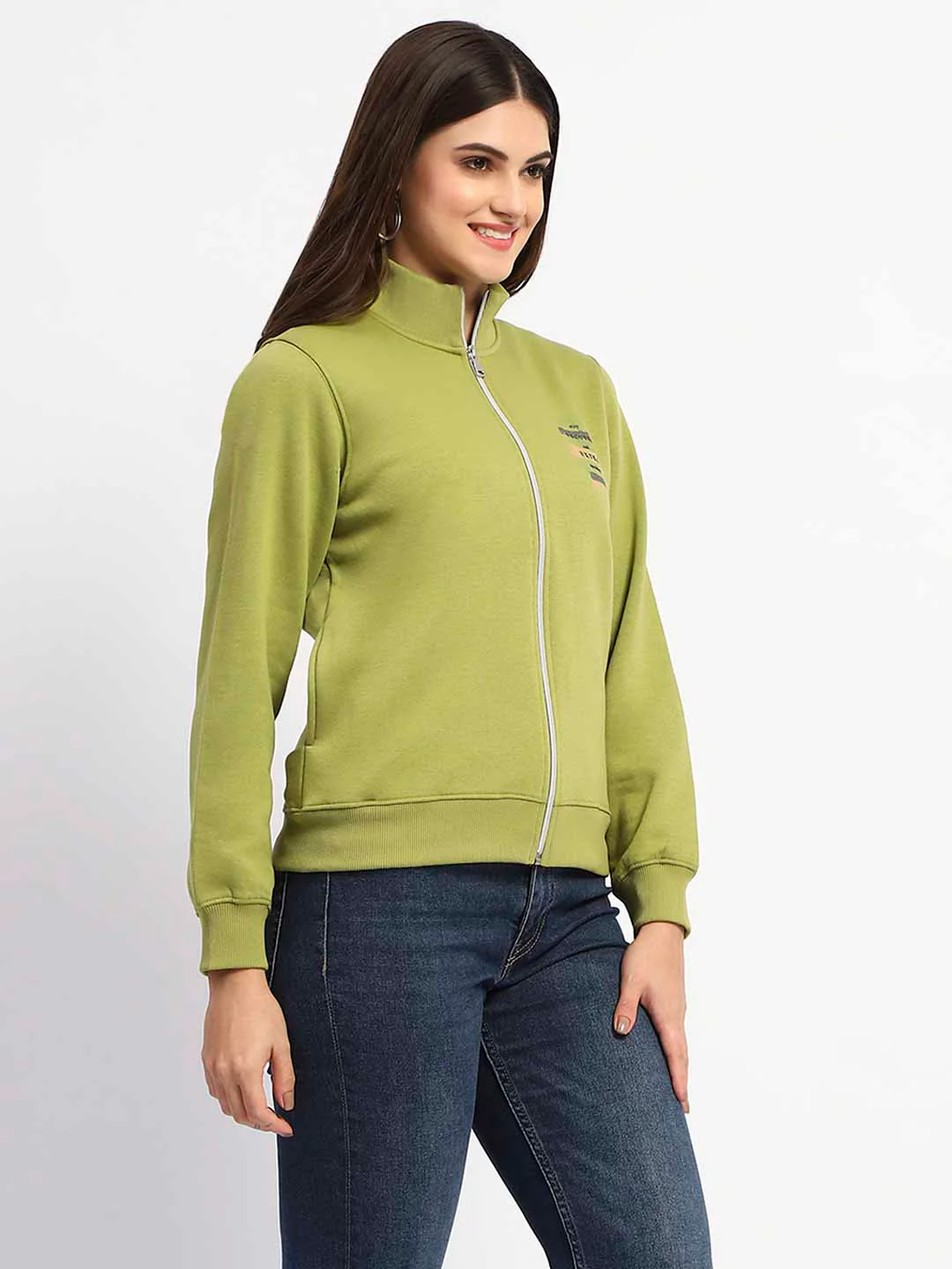 Madame Typography Print Zipped Olive Green Sweatshirt - Image 3