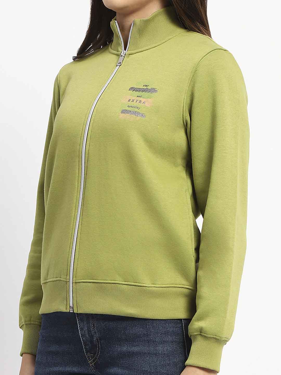 Madame Typography Print Zipped Olive Green Sweatshirt - Image 6