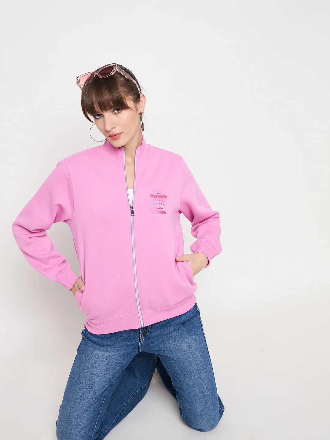 Madame Graphic Adorned Zipped Cotton Blend Pink Sweatshirt - Image 2