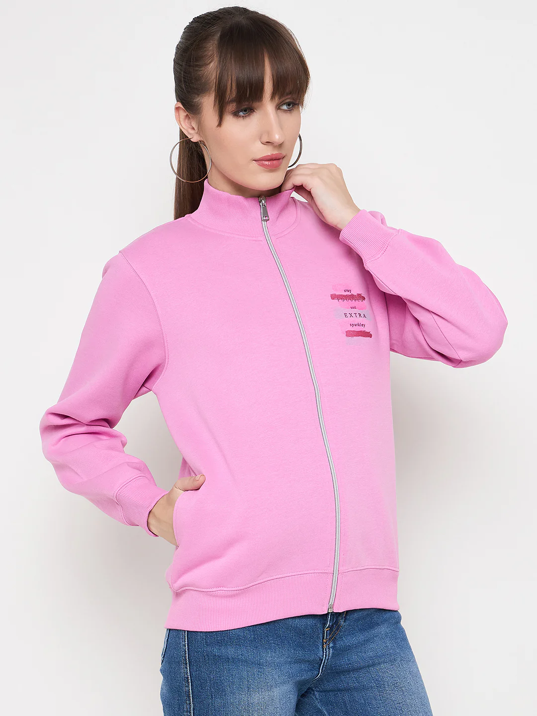 Madame Graphic Adorned Zipped Cotton Blend Pink Sweatshirt - Image 4