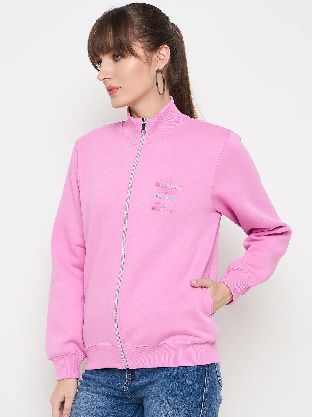 Madame Graphic Adorned Zipped Cotton Blend Pink Sweatshirt - Image 5