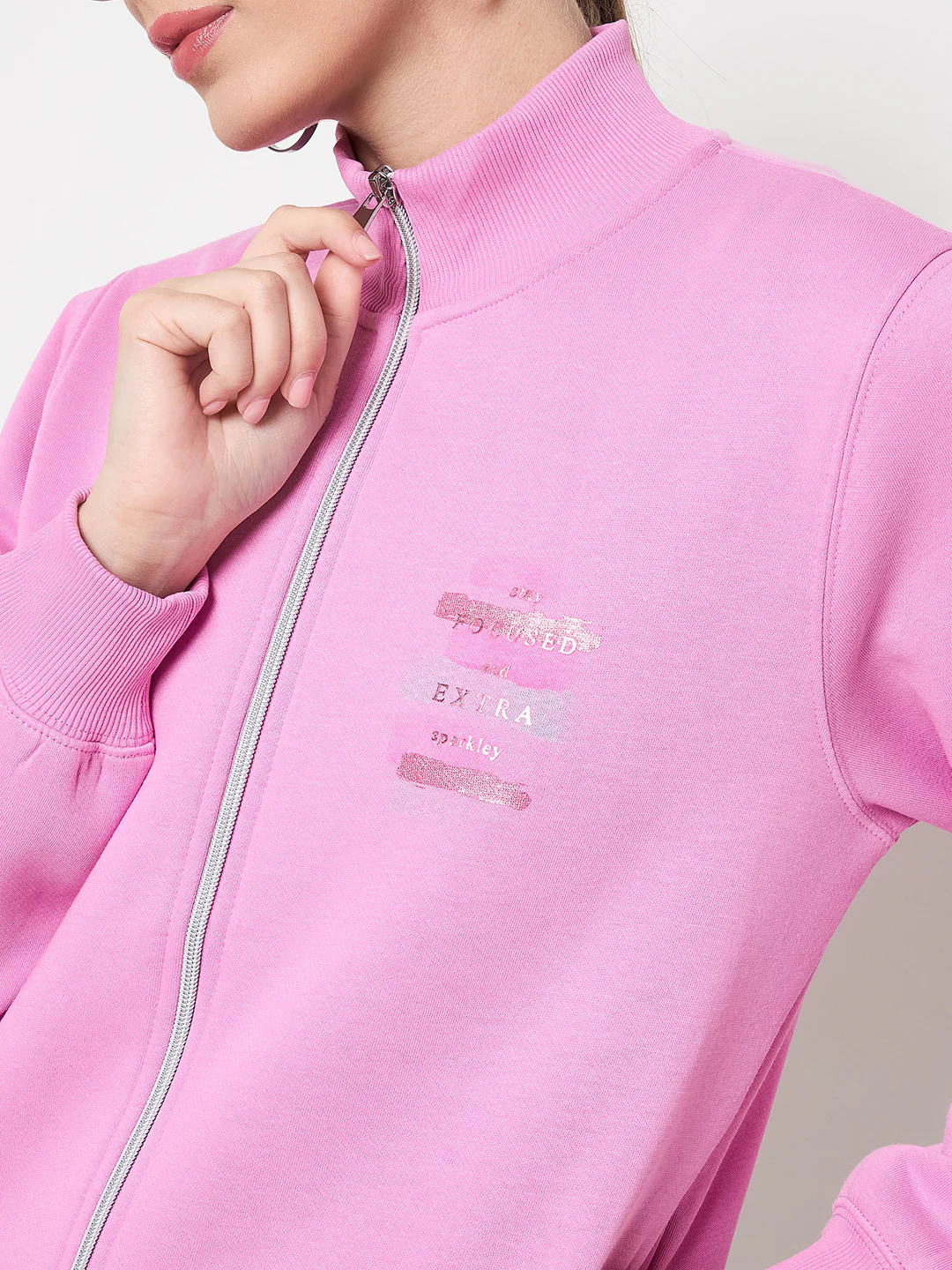 Madame Graphic Adorned Zipped Cotton Blend Pink Sweatshirt - Image 7