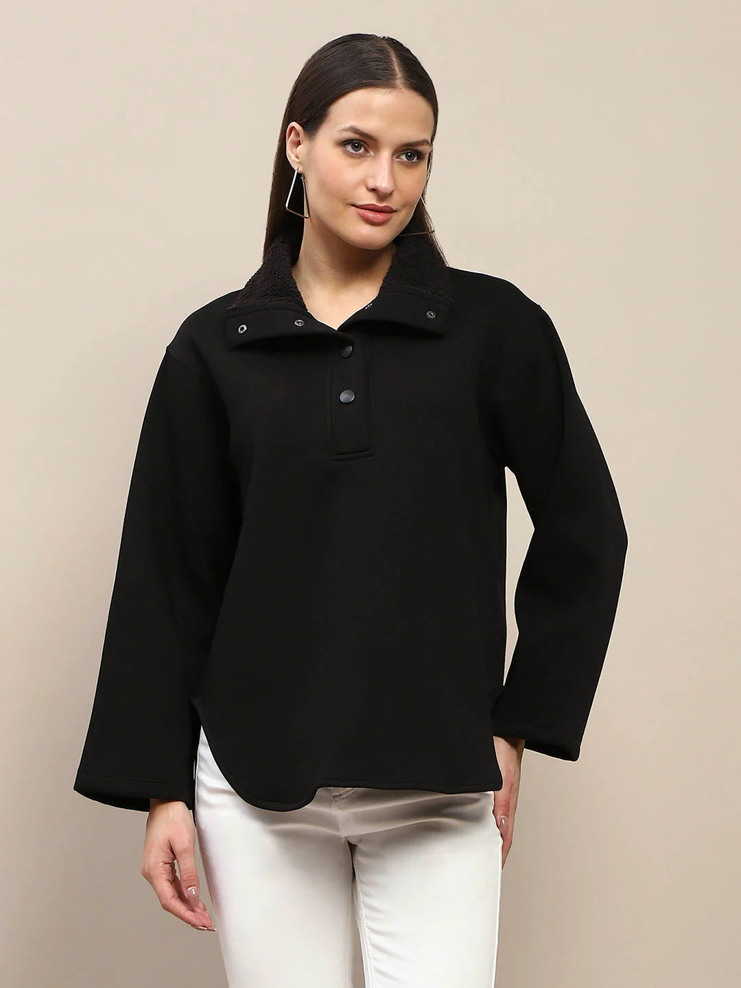 Madame Fleece Fur Attached Buttoned Black Zipper Sweatshirt - Image 3
